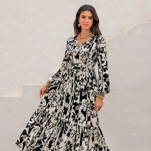 Smocked Printed Tie Neck Long Sleeve Dress